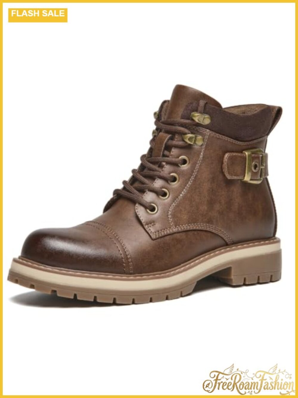Women's Faux Leather Ankle Booties Belted Buckle Combat Moto Boots